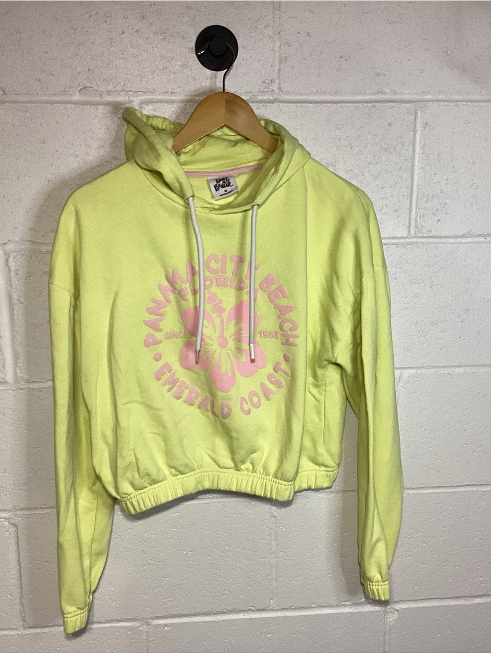 Neon Yellow Cropped Hoodie Sweater with Pink Graphic | Day Break